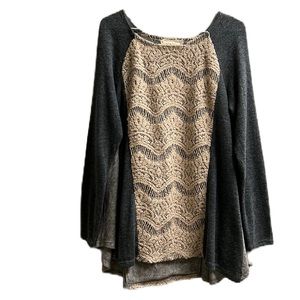 Avere, Dark/Light Heather Gray/Beige, Long Sleeves U- Neckline Sweater, Size M